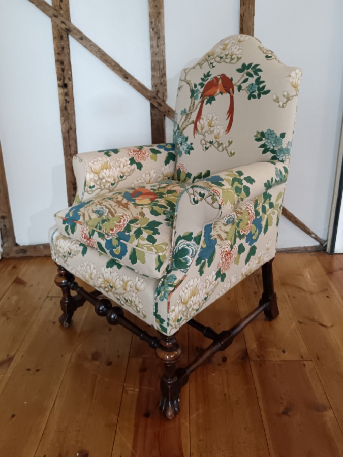 William and Mary Revival Armchair in Luxury GP  J Baker Rockbird Fabric (12).jpg